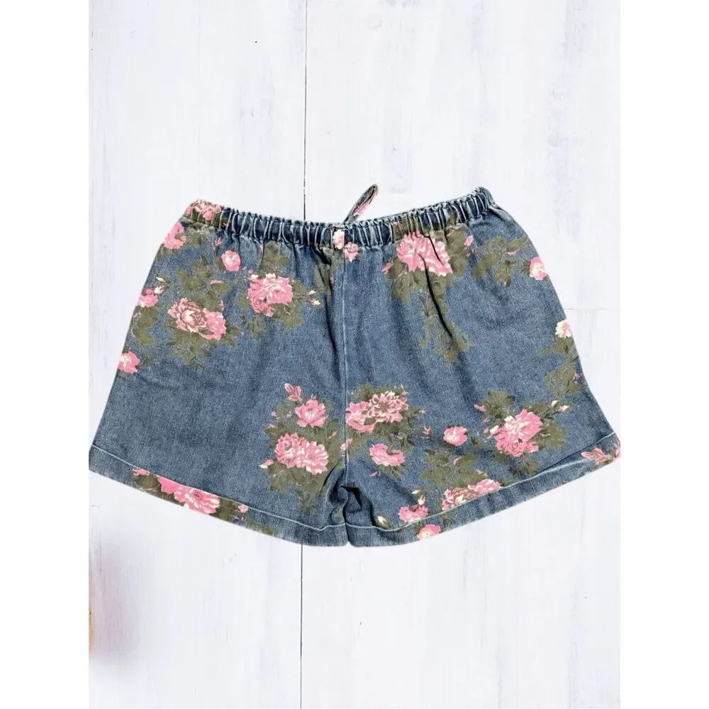 BiBi Floral Denim Short High Rise Drawstring Pink Rose Print Relaxed Fit Pockets - Picture 12 of 12